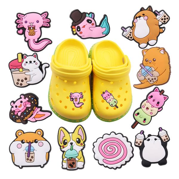 

wholesale 100pcs pvc drinking animals cat dog garden slipper shoe buckle kids adorable accessories for bracelet charms button clog, White;pink