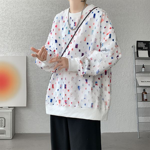 

men's hoodies sweatshirts wash sweatshirts man street ripped hole graphic printing korean fashion o neck oversized pullover sweater ha, Black