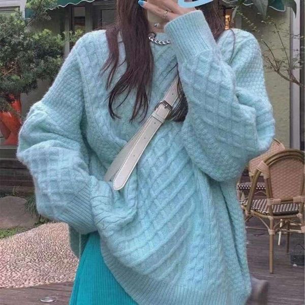 

blue pullover sweater for women loose outer wear autumn and spring gentle wind thick warm medium long top, White;black