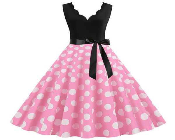 

pink pleated dot vintage dress women sleeveless v neck retro 1950s 60s pinup swing party summer dresses plus size s3xl8184528, Black;gray
