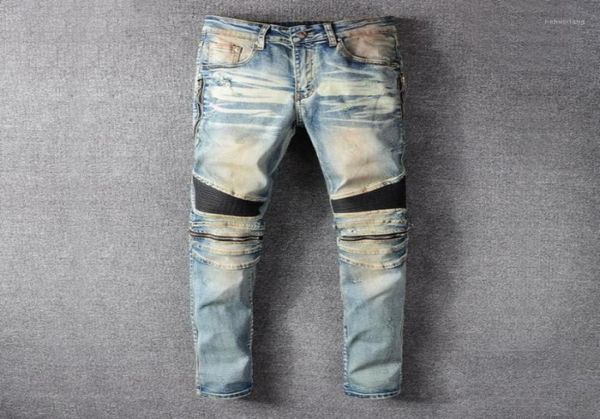 

men039s jeans 2021 vintage punk spliced men zipper pleated designer for motorcyle blue streetwear worn pants trousers2562034