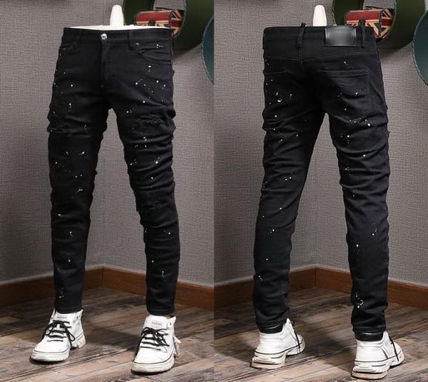 

painted damage jeans man distressed patches skinny fit black vintage biker fit denim4097675, Blue