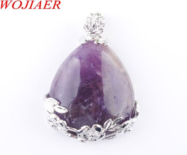 

wojiaer tear water drop love natural amethyst gem stone pendant necklace reiki bead women jewelry dn34716761581, Silver