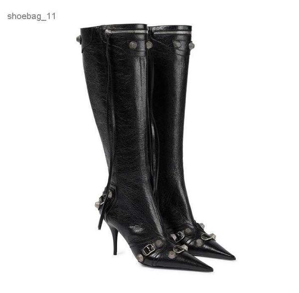 

boots boots cagole designer boots woman winter black kneehigh boot stud buckle embellished pointed toe stiletto heel real leather 1784015