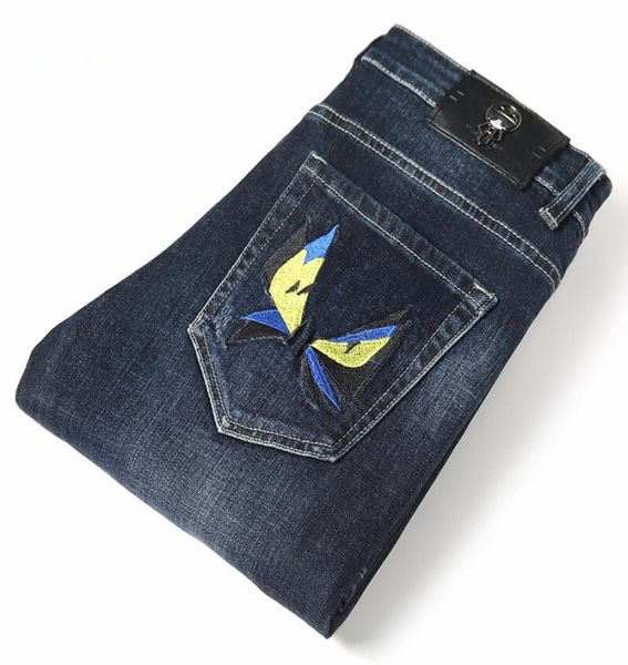 

mens designer casual men 20ss new design slimleg side stripe biker jeans button fly print ripped skinny fit printed denim pants w7135624, Blue