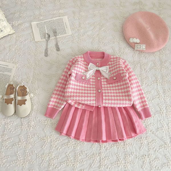

pullover kids boutique clothes 2023 autumn 2 pieces sets o neck sweater skirt solid colot sweet cute knitted cardigan long sleeve 230830, Blue