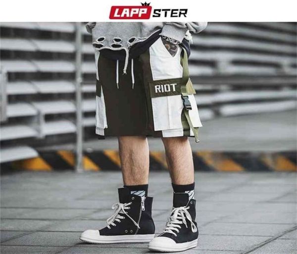 

lappster men streetwear khaki sweatshorts summer men shorts color block belt korean fashion joggers shorts 2xl cargo shorts 2103237457930, White;black
