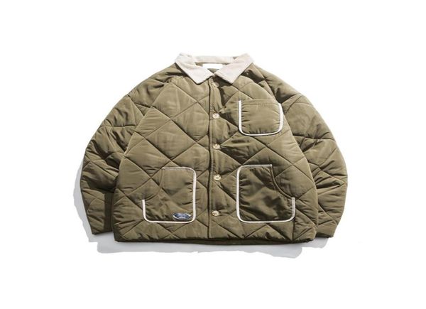 

japanese harajuku vintage diamond quilted jacket coat for men and women button up winter quilted parka plus size2504559, Black
