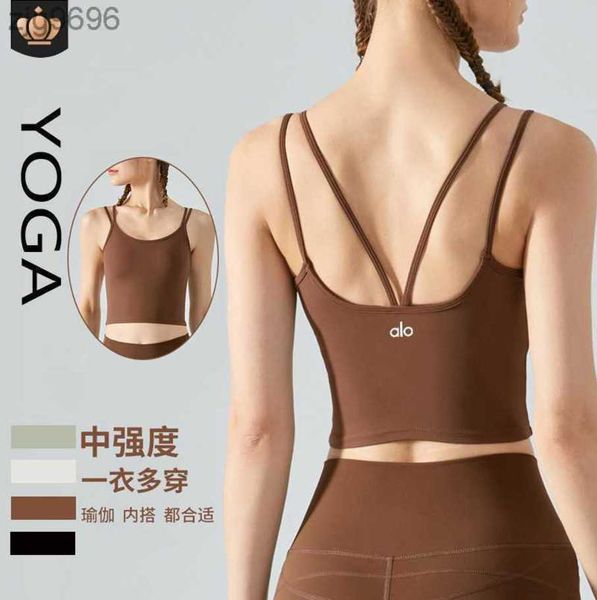

2023 desginer al yoga tank women's thin shoulder belt back one-piece bra shockproof gathered fitness sling with pad, White