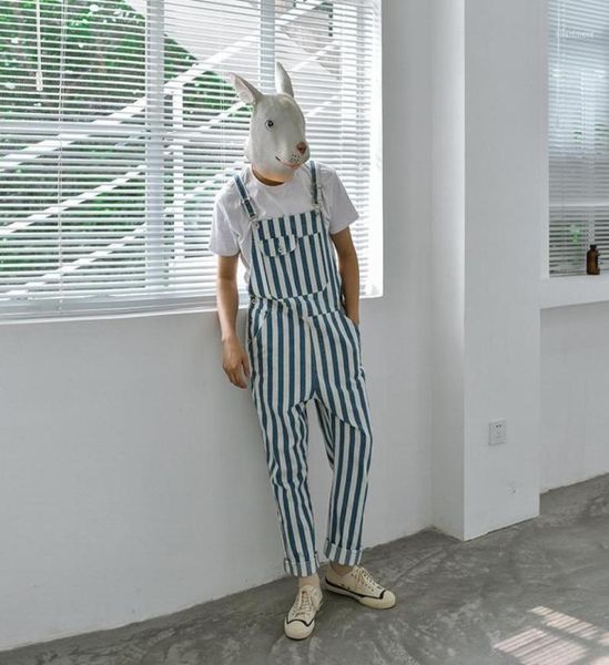 

mens retro denim stripe loose overalls jeans suspenders jumpsuit trousers casual p2413073798, Blue