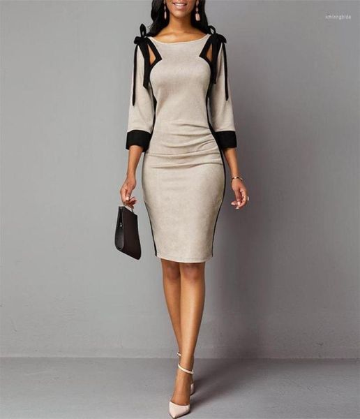 

casual dresses 2022 summer arrivals women brushed fabric church elegant hollow out 34 sleeves work office knee length formal dres4854313, Black;gray