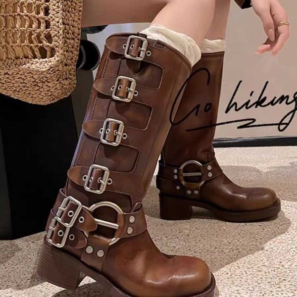 

boots luxury designer harness belt buckled cowhide leather biker knee chunky heel zip knight boots fashion square toe ankle booties western, Black