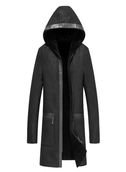 

luuxry sheepskin coat genuine leather jackets shearling coat hooded mens warm outerwear overcoat autumn winter fur clothes windbre9466235, Black