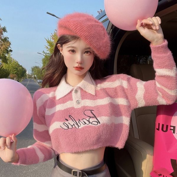 

women s hoodies sweatshirt stripe mink fur sweaterturn down collar long sleeve pullover sweater autumn winter 230830, Black