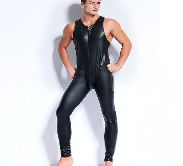 

men faux latex leather bodysuits fetish gay sissy exotic club wear sleeveless costumes game apparel teddies jumpsuits night c8675179, Black;brown