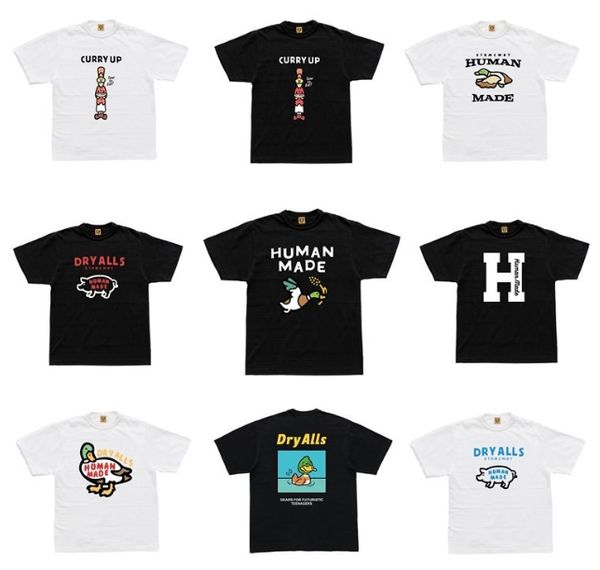 

2023 new fashion human made t shirt love cartoon flying duck dog pig slub fun print bamboo cotton short sleeve t-shirt for men women, White;black