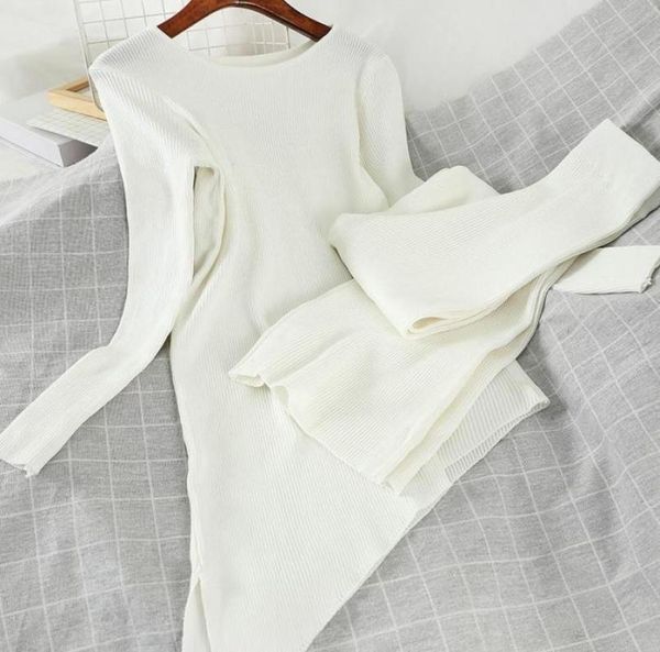 

women039s two piece pants women round neck asymmetrical sweater high wasit long set fashion autumn winter6322968, White