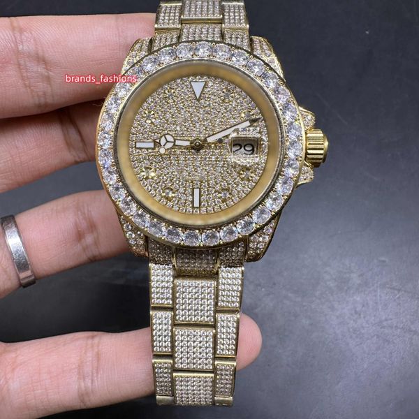 

new men's iced diamond watch gold stainless steel case gold full diamond dial automatic movement watches shiny good 40mm, Slivery;brown