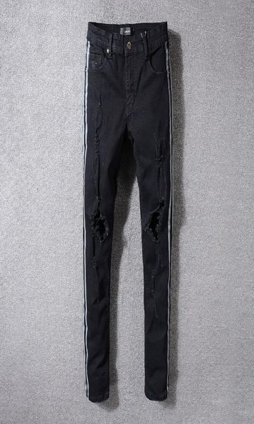 

mens hole side strip skinny black jeans designer distressed badge slim fit motorcycle biker ripped beggar hip hop denim pants 53325557150, Blue