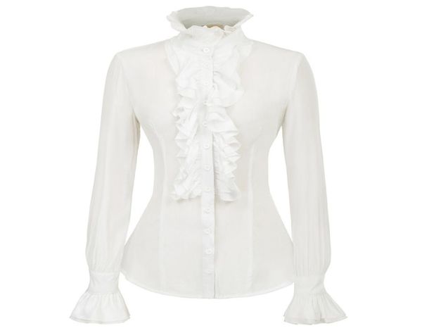 

steampunk shirt women slim ruffles decorated shirt medieval long sleeve stand collar retro party office casual blouse lady5689068, White