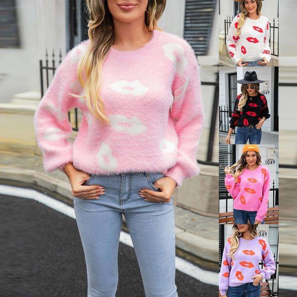 

autumn and winter womens lips sweaters for valentines day, White;black