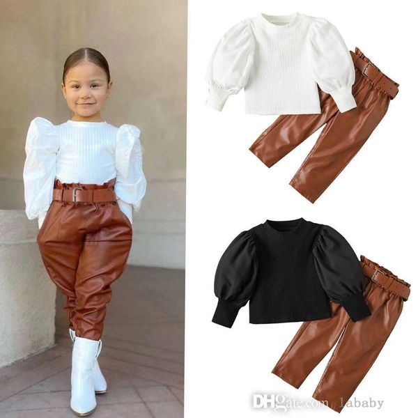 

Baby Girl's Fall Tracuit: Solid Knit Top, PU Leather Pants & Belt, Black