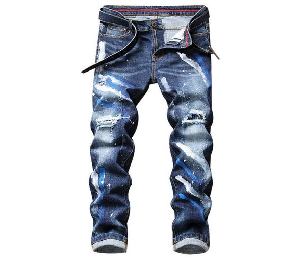 

new arrive mens skinny denim pants for youth autumn winter casual slim ripped patchwork cowboys trousers hip hop printed jeans5086397, Blue