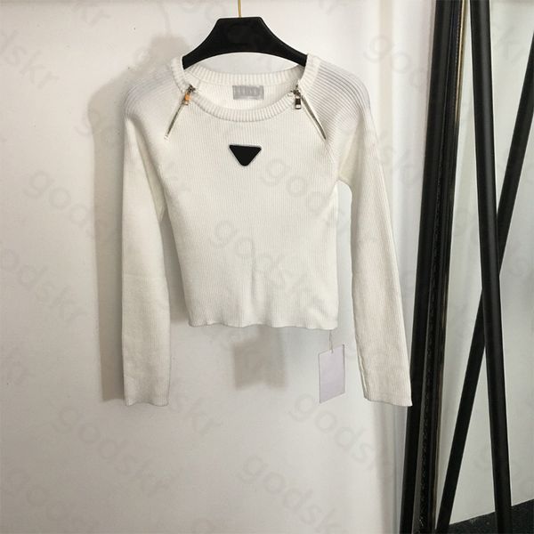 

letter triangle women knit sweater shoulder zipper long sleeve pullover designer slim sweater blouse, Black