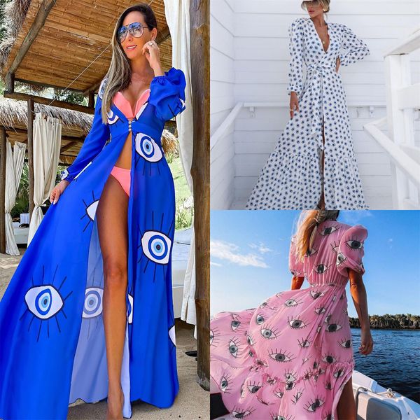 

dress beach full swimsuit women summer outfits for tong cardigan blue print evil eyes spandex cover up bikini female, White;black