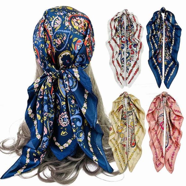 

printed silk scarf womens satin cashew nut with hand, Blue;gray