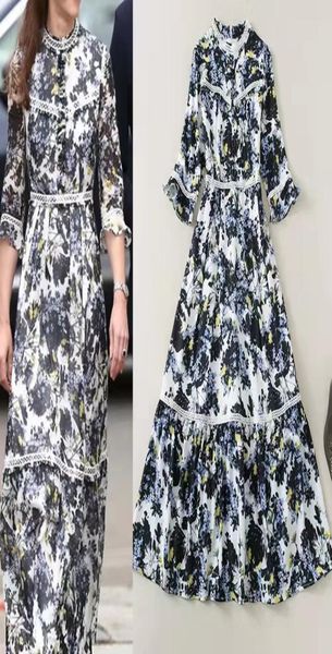 

highquality standcollar lace stitching printed 34 sleeve dress1345927, Black