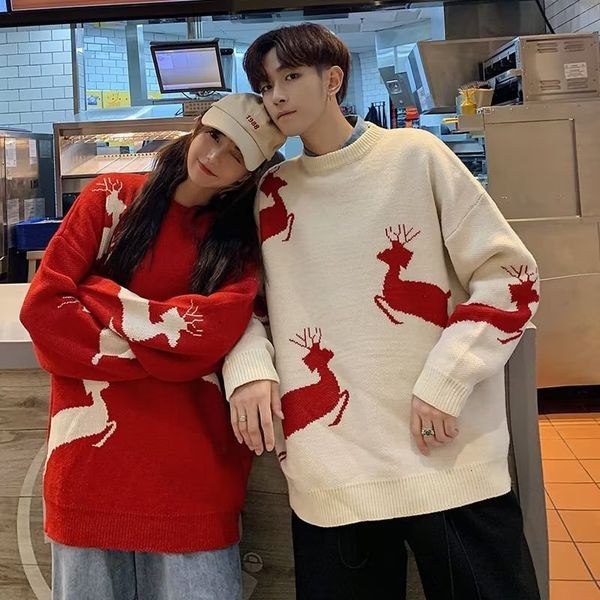 

men's sweaters y2k couple pullovers elk print red sweater christmas trend autumn korean street clothes brand casual loose o-neck knit, White;black