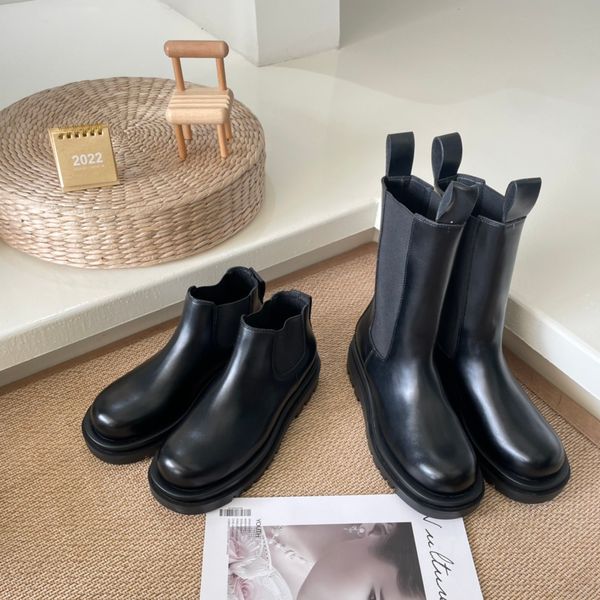 

designer shoesnew autumn/winter boots genuine leather martin boots womens english style mid pipe smoke pipe boots thick sole chelsea short b, Black