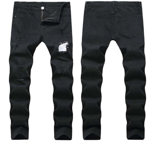 

men casual jeans denim patchwork ripped knee holes jeans pencil pants elastic plus size 40 1429430, Blue