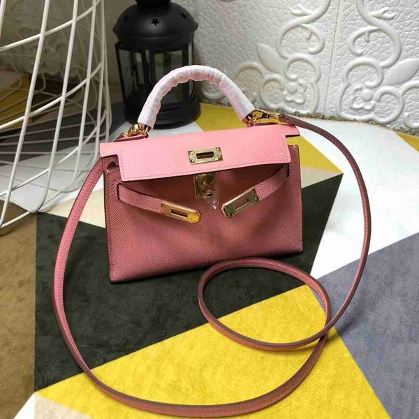 

design mini purse 19.5cm handmade quality epsom leather pink color wax line stitching golden and silver hardware wholesale price fast