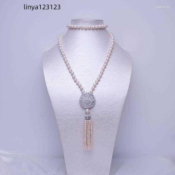 

pendant necklaces freshwater pearl necklace 8-9mm nearround 80cm long with tassel jewelry lady gifts, Silver