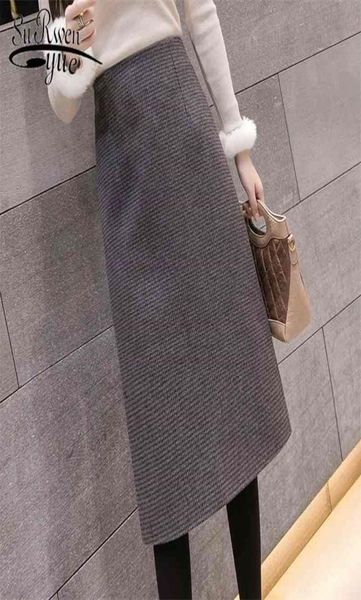 

casual fall winter warm wool skirt high waist elegant pencil midi skirt slim knee length split work skirt plus size 7816 50 2103254520910, Black