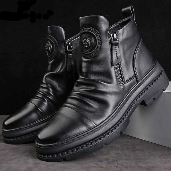 

boots mens motorcycle leather british style round head high shoes side zip walking casual platform bota masculina 230829, Black