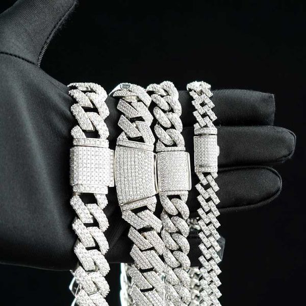 

hip hop jewelry 10mm 12mm 15mm 16mm iced out 925 silver miami cuban link bracelet chain necklace moissanite vvs for men women