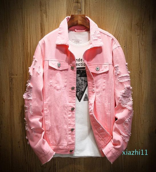 

fashionnew fashion brand denim jacket men ripped holes mens pink jean jackets new 2018 garment washed mens denim coat7316508, Black;brown