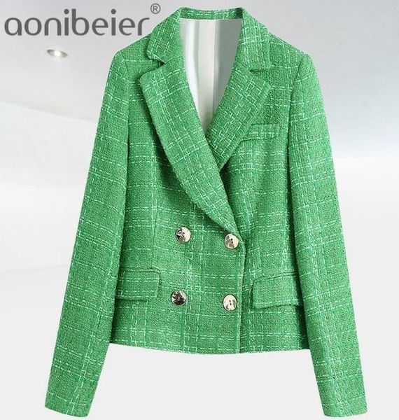 

aonibeier fashion simple green plaid tweed notched doublebreasted fitted blazers female england style pockets short coats6516954, White;black