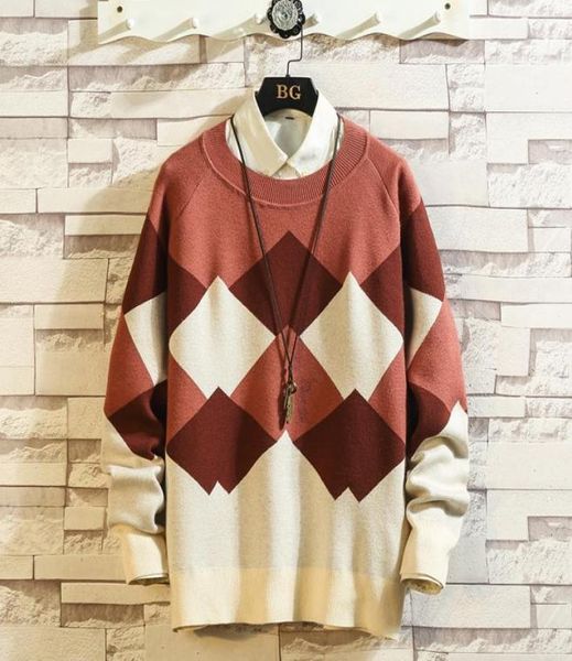 

2019 uyuk autumnwinter new japanese trend men039s sweater patchwork lozenge casual temperament pullover clothes hombre2526289, White;black