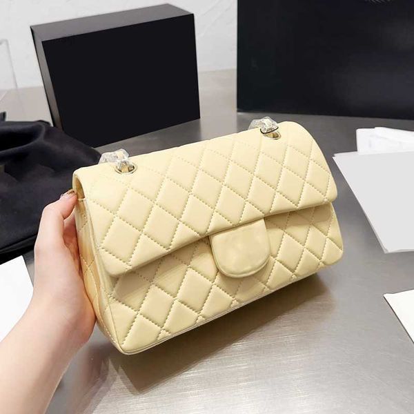 

womens 23cm classic doule flap rectangle bag quilted lambskin creamy yellow braided shoulder metal hardware matelass chain ladies desinger c