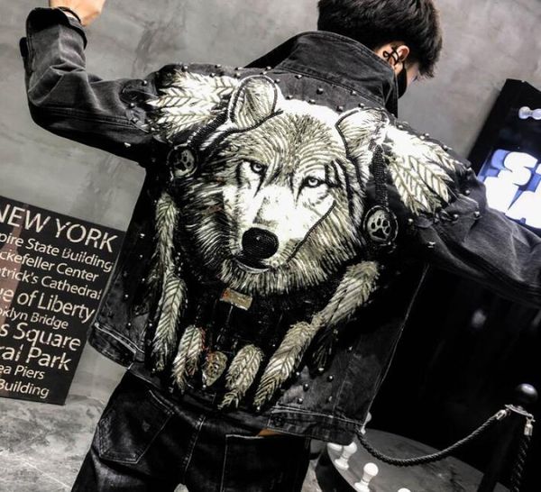 

men039s jackets punk style novel wolf embroidered rivet denim jacket men coat streetwear slim jeans for male hip hop high stree8745253, Black;brown