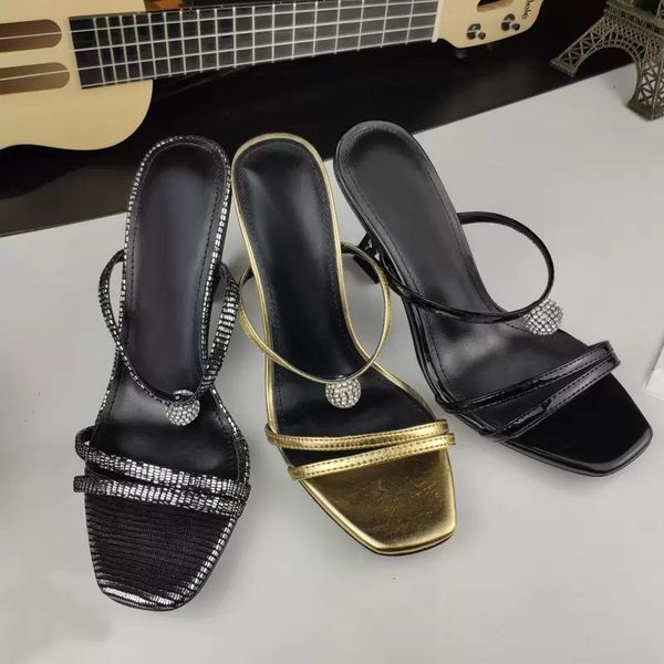 

designer shoe classic high heeled sandals 100% leather women party dance shoe 10cm diamonds lady metal baotou heels thick heel woman shoes l, Black