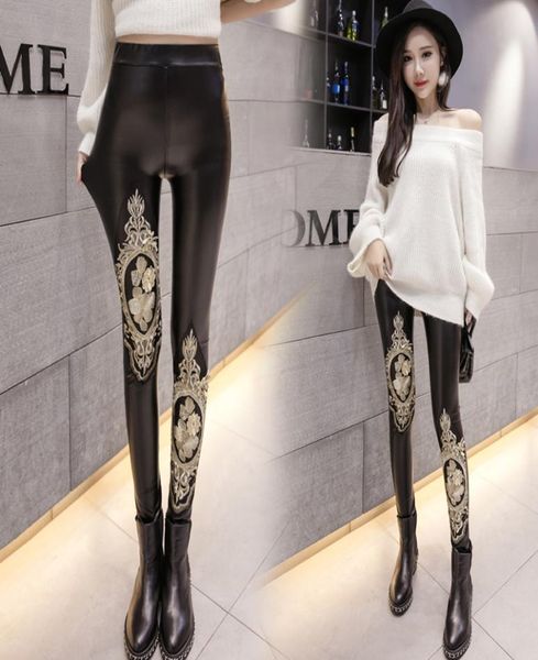 

european fashion new design women's bodyon pu leather embroidery gold lace floral tunic leggings pants ps size smlxlxxl2321519, Black