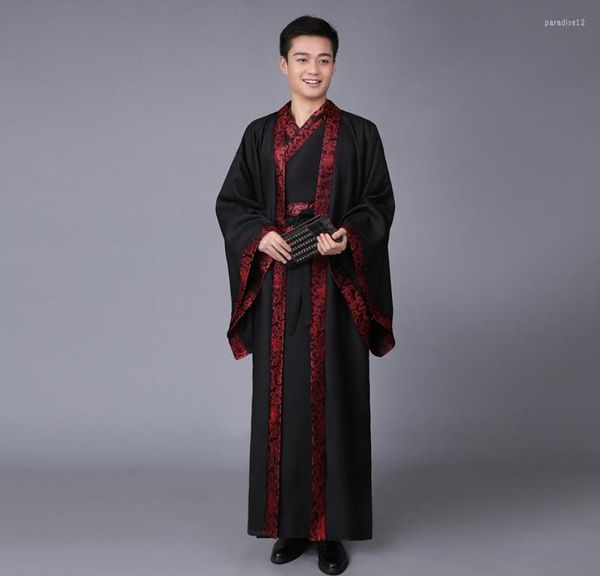 

stage wear chinese folk dance 3 pcs men performance dynasty hanfu costume satin robe traditional dress7476471, Black;red