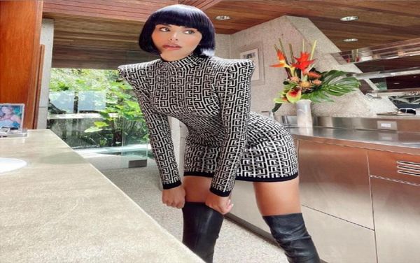 

new personality women039s tightfitting hip dress knitting geometric pattern knitted jacquard longsleeved bod8221895, Black;pink