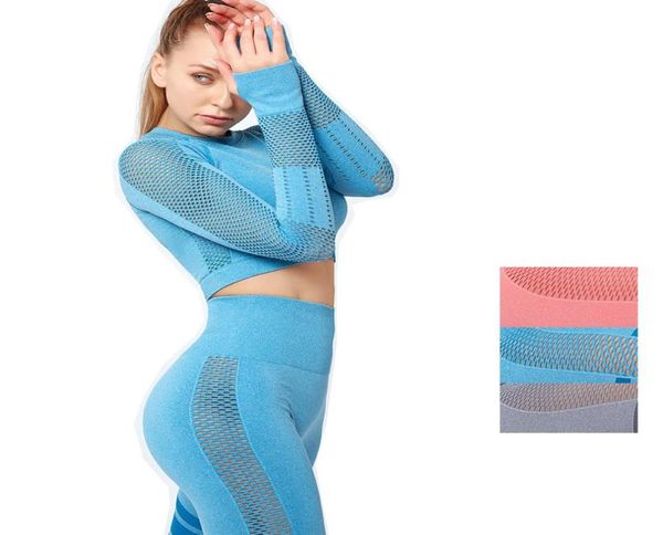 

women seamless yoga set fitness sports suits gym cloth yoga long sleeve shirts high waist running leggings workout pants shirts2205041, Gray