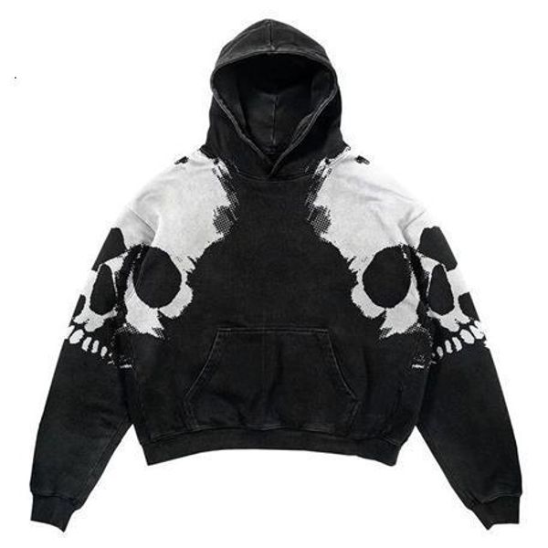 

men's hoodies sweatshirts large-area skull y2k harajuku street retro print trend sweater loose hooded sweater loose autumn couple jacke, Black